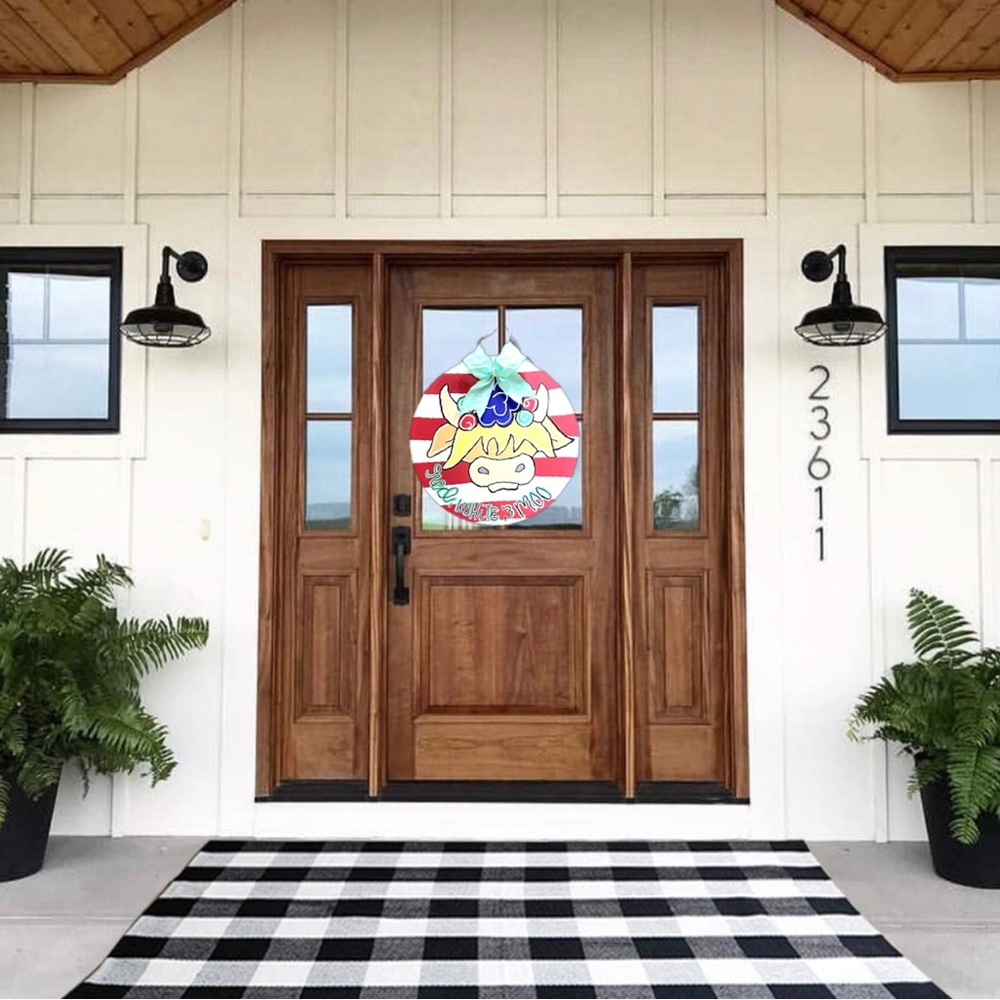 Hand painted highland cow 4th of july door hanger red, white & moo